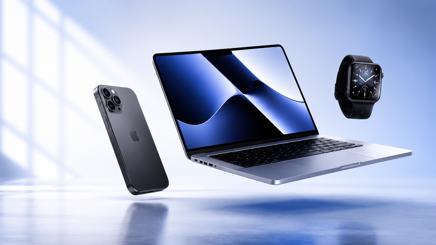 MacBook, iPhone und Smartwatch als Premium-Produktrendering